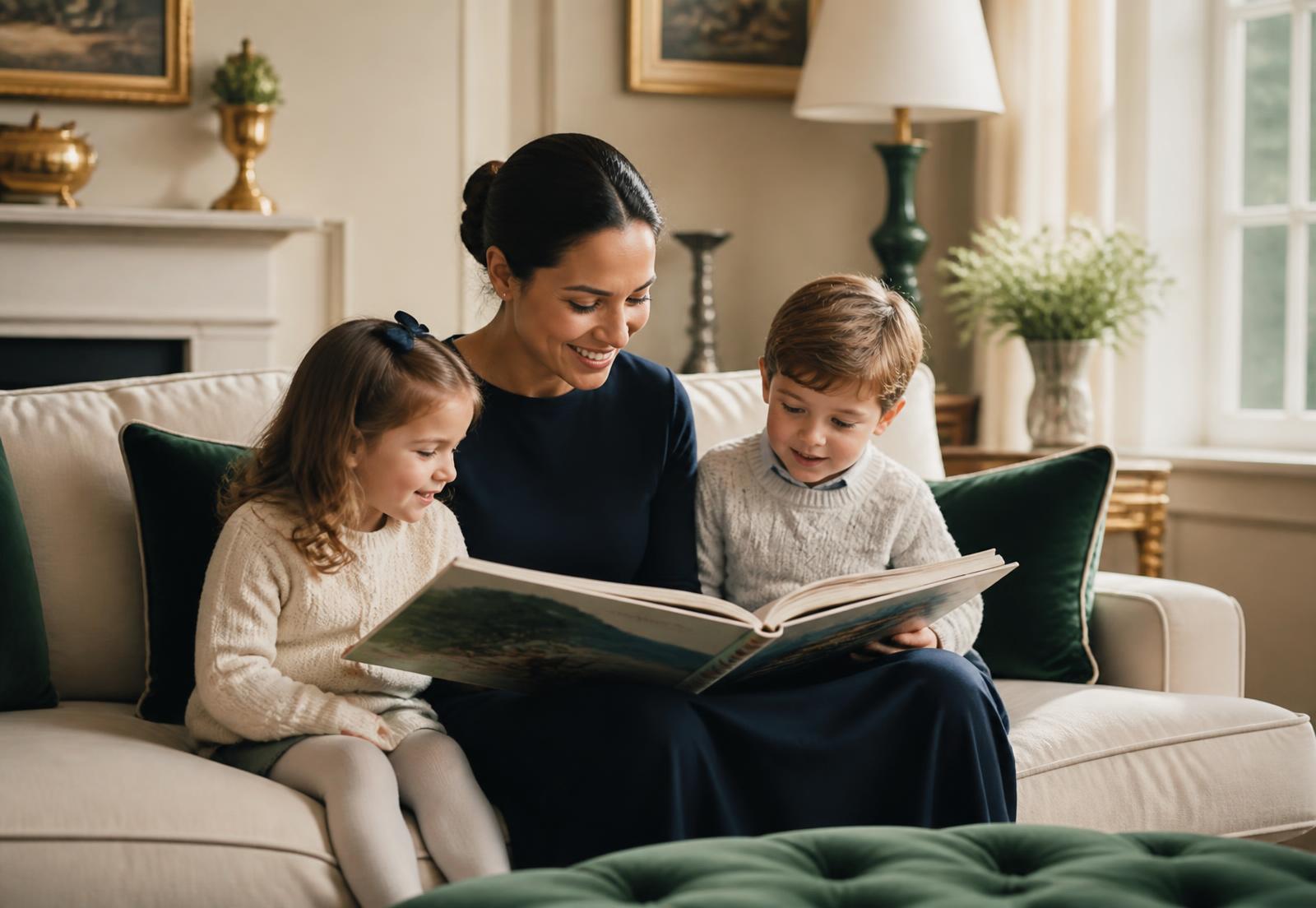 A professional nanny reading with two children in a family home